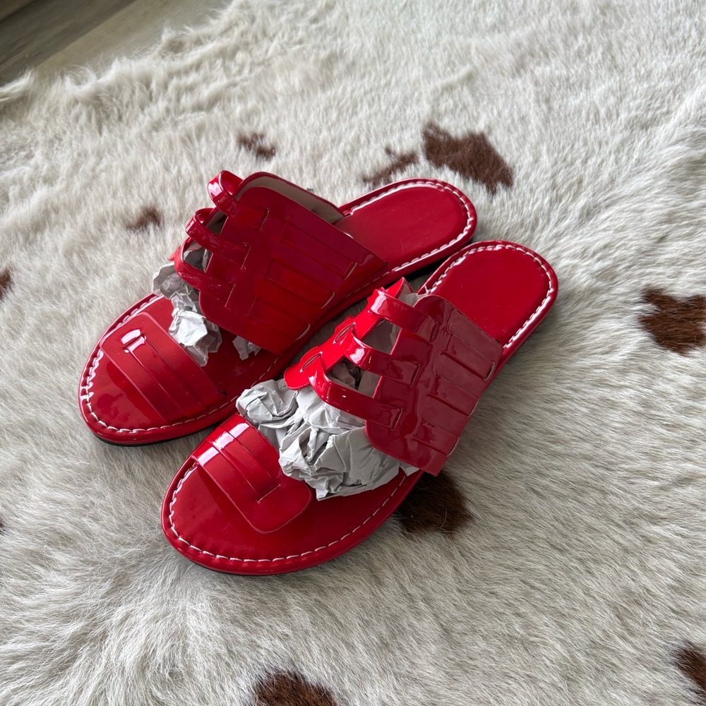 Red Patent Slide Sandals for Women